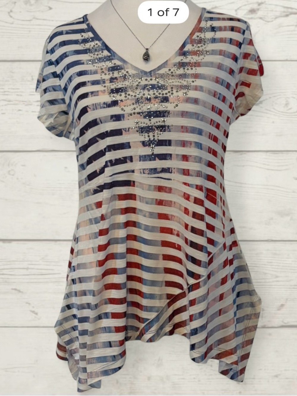 Live & let Live Embellished Striped V-Neck patriotic Top - Red, Blue, White